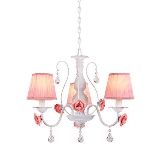 Pastoral Pink Pleated Shade Chandelier With Crystal Drop - Dining Room Pendant (3/6/8 Lights)