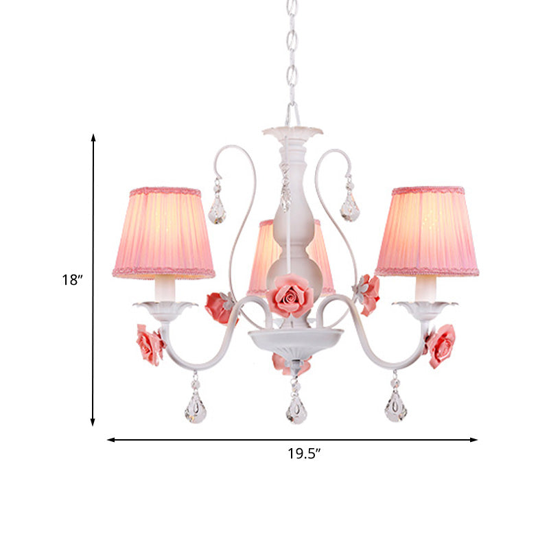 Pastoral Pink Pleated Shade Chandelier With Crystal Drop - Dining Room Pendant (3/6/8 Lights)