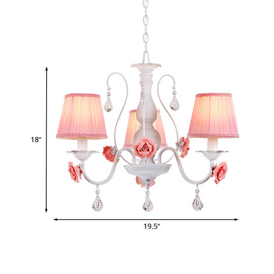 Pastoral Pink Pleated Shade Chandelier With Crystal Drop - Dining Room Pendant (3/6/8 Lights)