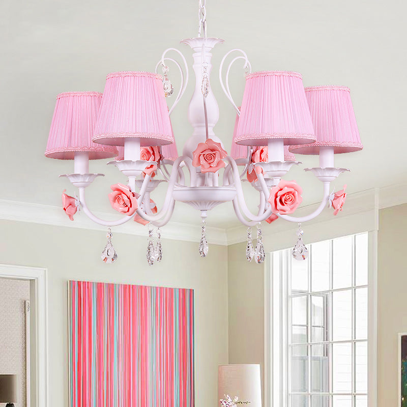 Pastoral Pink Pleated Shade Chandelier With Crystal Drop - Dining Room Pendant (3/6/8 Lights)