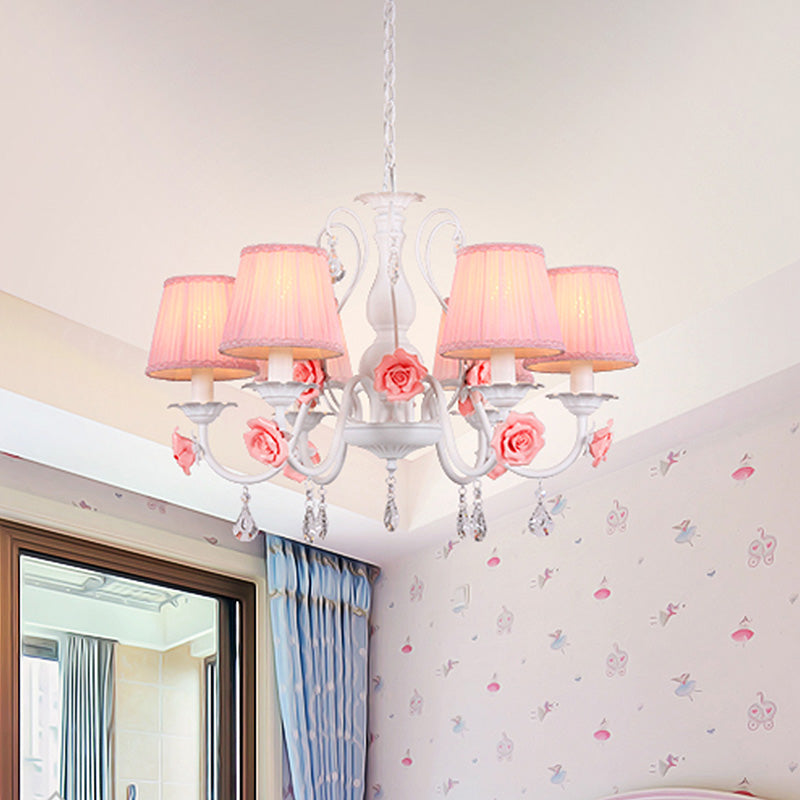 Pastoral Pink Pleated Shade Chandelier With Crystal Drop - Dining Room Pendant (3/6/8 Lights)