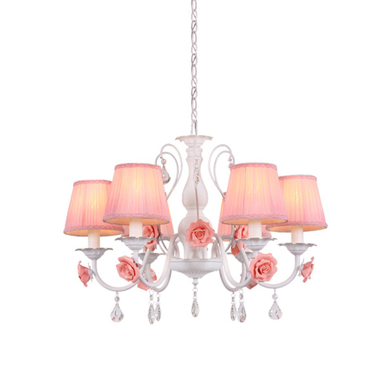 Pastoral Pink Pleated Shade Chandelier With Crystal Drop - Dining Room Pendant (3/6/8 Lights)