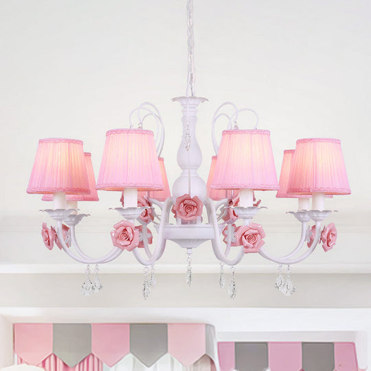 Pastoral Pink Pleated Shade Chandelier With Crystal Drop - Dining Room Pendant (3/6/8 Lights)