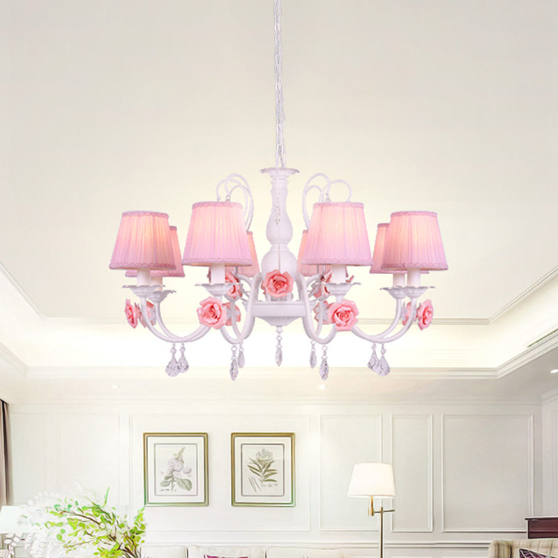 Pastoral Pink Pleated Shade Chandelier With Crystal Drop - Dining Room Pendant (3/6/8 Lights)