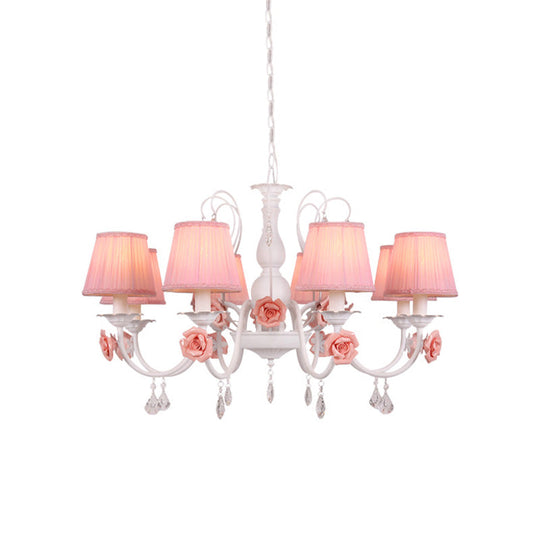 Pastoral Pink Pleated Shade Chandelier With Crystal Drop - Dining Room Pendant (3/6/8 Lights)