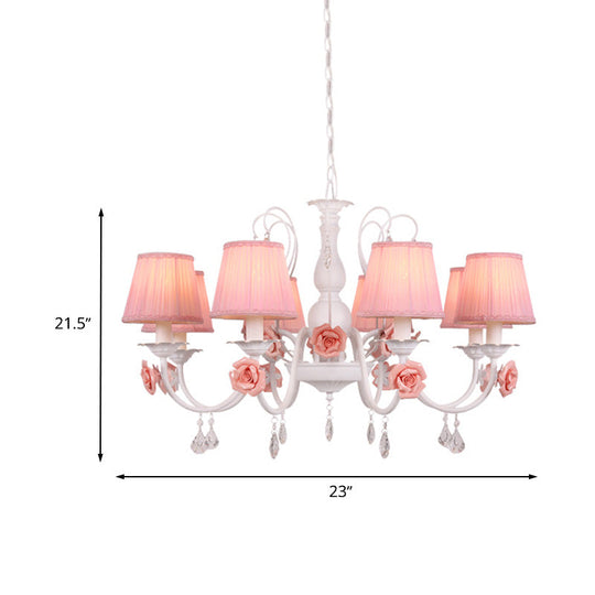 Pastoral Pink Pleated Shade Chandelier With Crystal Drop - Dining Room Pendant (3/6/8 Lights)