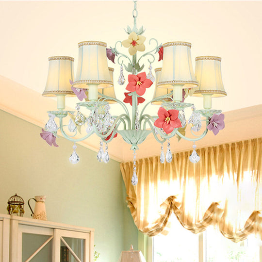 Korean Flower Flared Drop Lamp - 6 Bulb Fabric Chandelier In Light Green With Crystal Accents