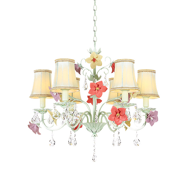 Korean Flower Flared Drop Lamp - 6 Bulb Fabric Chandelier In Light Green With Crystal Accents