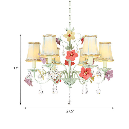 Korean Flower Flared Drop Lamp - 6 Bulb Fabric Chandelier In Light Green With Crystal Accents