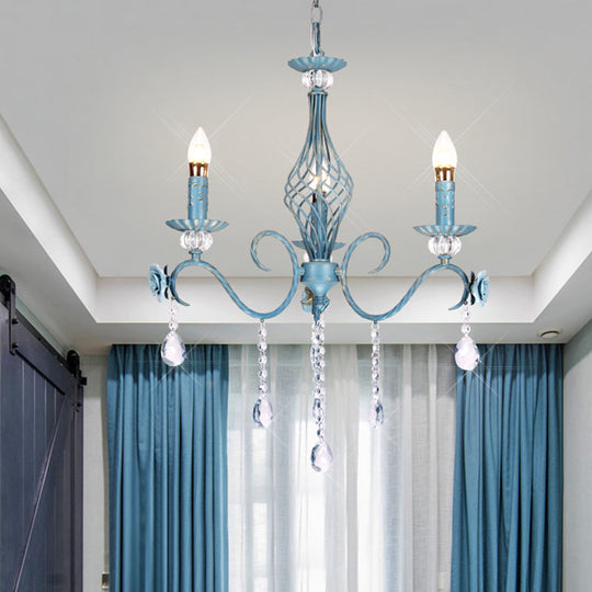 Korean Flower Metal Chandelier With Blue Candlestick Design - Elegant Dining Room Ceiling Lamp