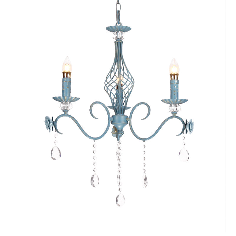 Korean Flower Metal Chandelier With Blue Candlestick Design - Elegant Dining Room Ceiling Lamp