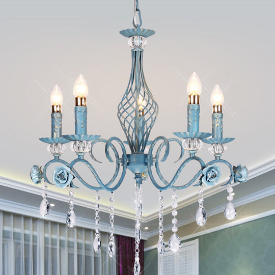 Korean Flower Metal Chandelier With Blue Candlestick Design - Elegant Dining Room Ceiling Lamp