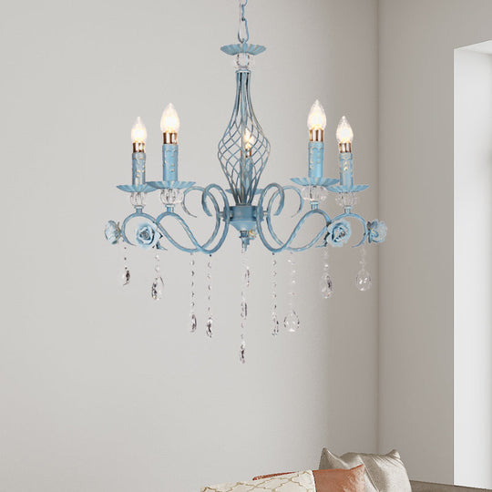 Korean Flower Metal Chandelier With Blue Candlestick Design - Elegant Dining Room Ceiling Lamp