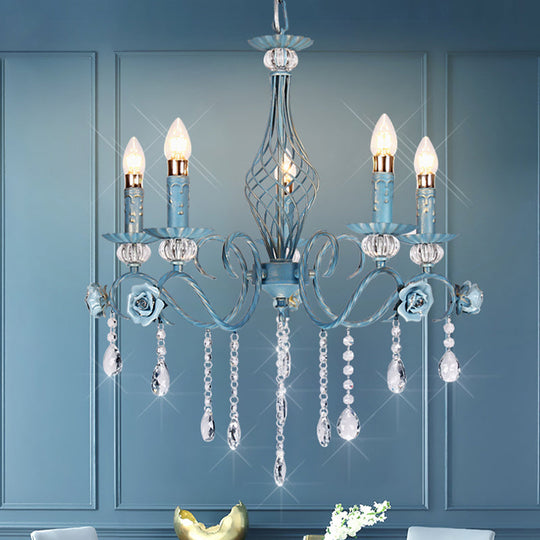 Korean Flower Metal Chandelier With Blue Candlestick Design - Elegant Dining Room Ceiling Lamp