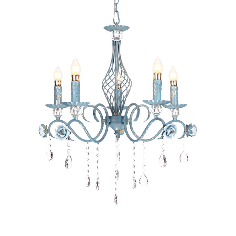 Korean Flower Metal Chandelier With Blue Candlestick Design - Elegant Dining Room Ceiling Lamp