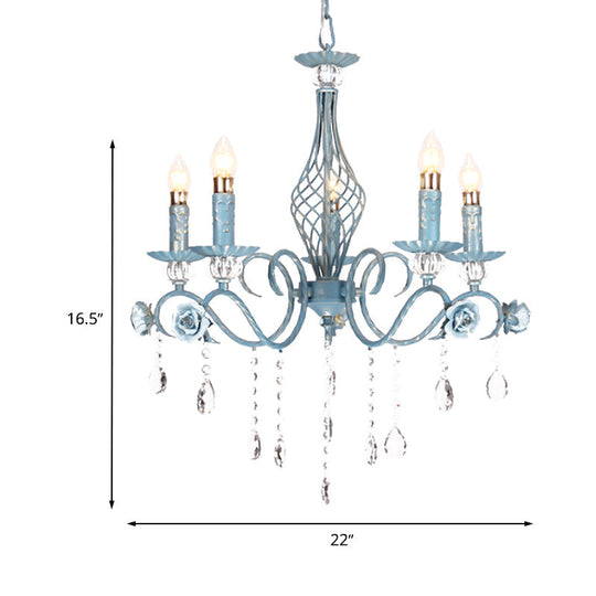 Korean Flower Metal Chandelier With Blue Candlestick Design - Elegant Dining Room Ceiling Lamp