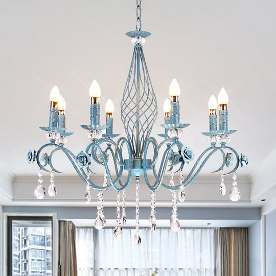 Korean Flower Metal Chandelier With Blue Candlestick Design - Elegant Dining Room Ceiling Lamp