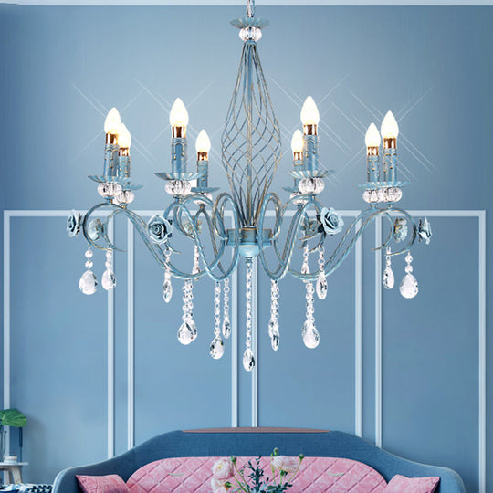 Korean Flower Metal Chandelier With Blue Candlestick Design - Elegant Dining Room Ceiling Lamp