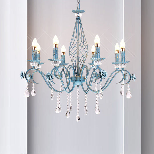 Korean Flower Metal Chandelier With Blue Candlestick Design - Elegant Dining Room Ceiling Lamp