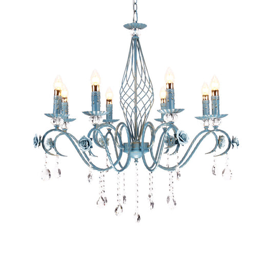 Korean Flower Metal Chandelier With Blue Candlestick Design - Elegant Dining Room Ceiling Lamp