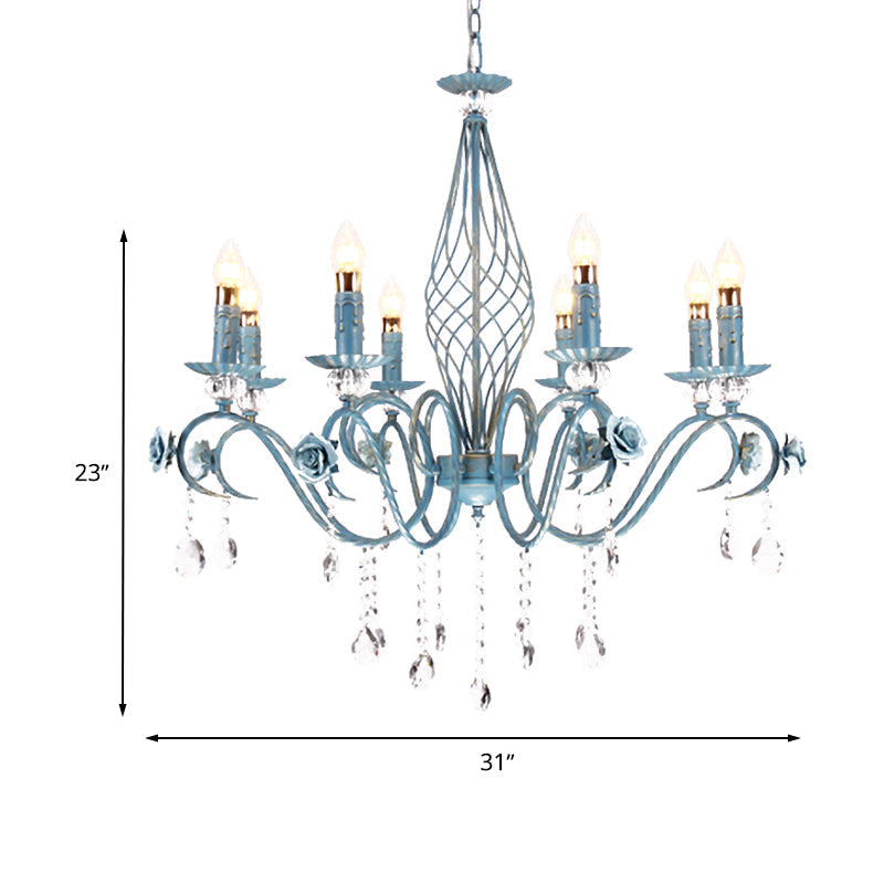 Korean Flower Metal Chandelier With Blue Candlestick Design - Elegant Dining Room Ceiling Lamp