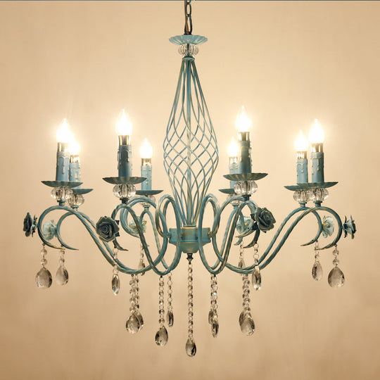 Korean Flower Metal Chandelier With Blue Candlestick Design - Elegant Dining Room Ceiling Lamp