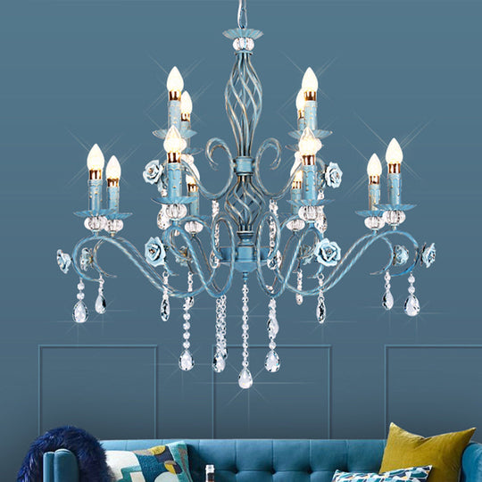 Korean Flower Metal Chandelier With Blue Candlestick Design - Elegant Dining Room Ceiling Lamp