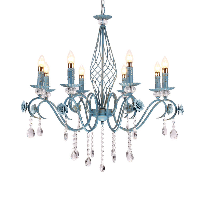 Korean Flower Metal Chandelier With Blue Candlestick Design - Elegant Dining Room Ceiling Lamp