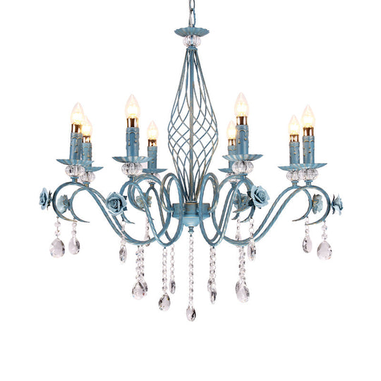 Korean Flower Metal Chandelier With Blue Candlestick Design - Elegant Dining Room Ceiling Lamp