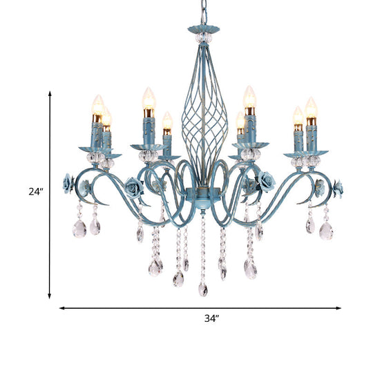 Korean Flower Metal Chandelier With Blue Candlestick Design - Elegant Dining Room Ceiling Lamp