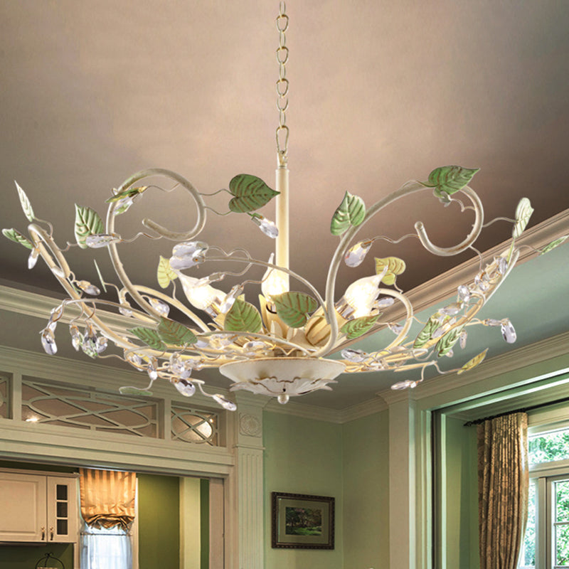 Korean Garden Bowl 6-Light Ceiling Pendant: White Iron Chandelier With Crystal Decor