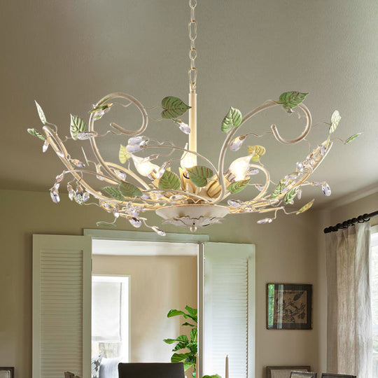 Korean Garden Bowl 6-Light Ceiling Pendant: White Iron Chandelier With Crystal Decor