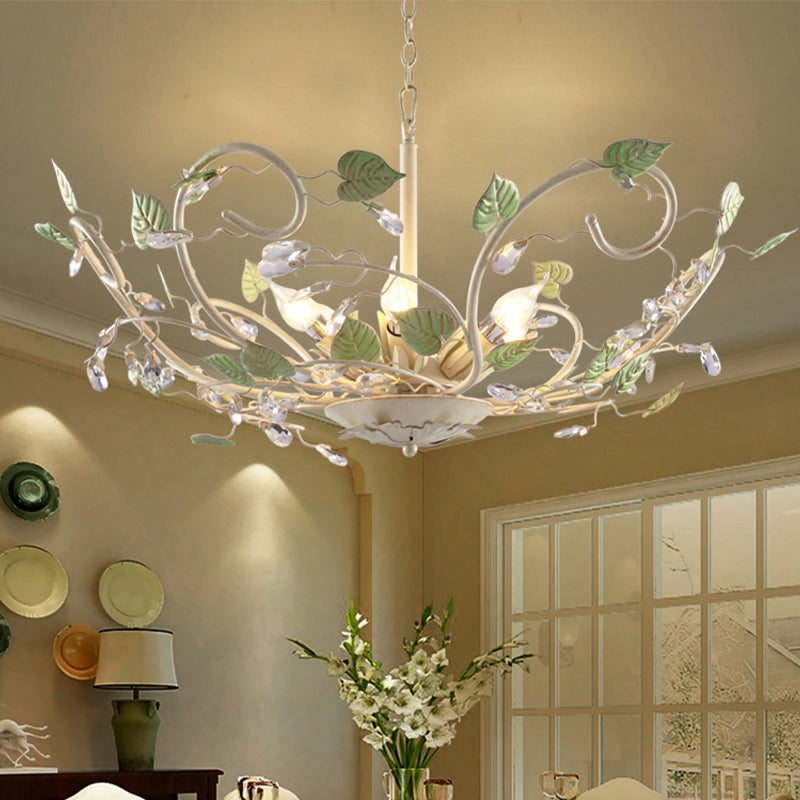 Korean Garden Bowl 6-Light Ceiling Pendant: White Iron Chandelier With Crystal Decor