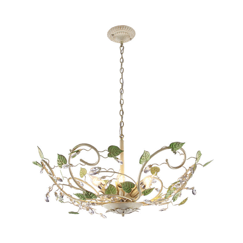 Korean Garden Bowl 6-Light Ceiling Pendant: White Iron Chandelier With Crystal Decor