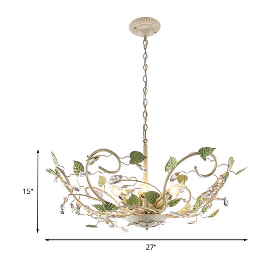 Korean Garden Bowl 6-Light Ceiling Pendant: White Iron Chandelier With Crystal Decor