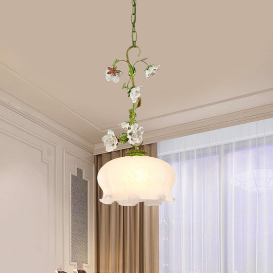 White Glass Scalloped Pendant Light With Green Suspension - Perfect For Dining Room