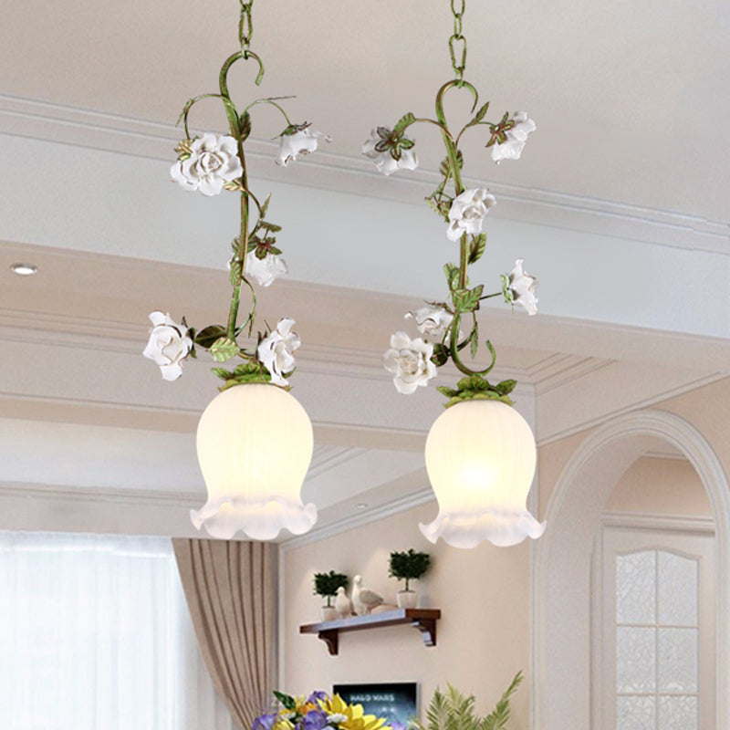 Pastoral Style Green Hanging Lamp With Multi Light Pendant For Dining Room - White Glass Flower