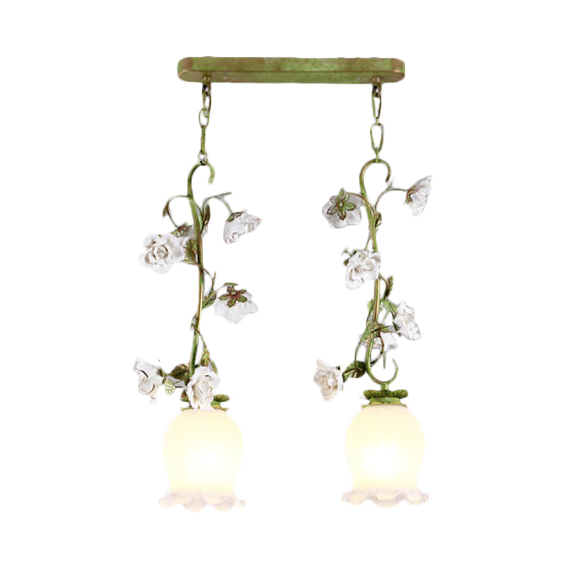 Pastoral Style Green Hanging Lamp With Multi Light Pendant For Dining Room - White Glass Flower