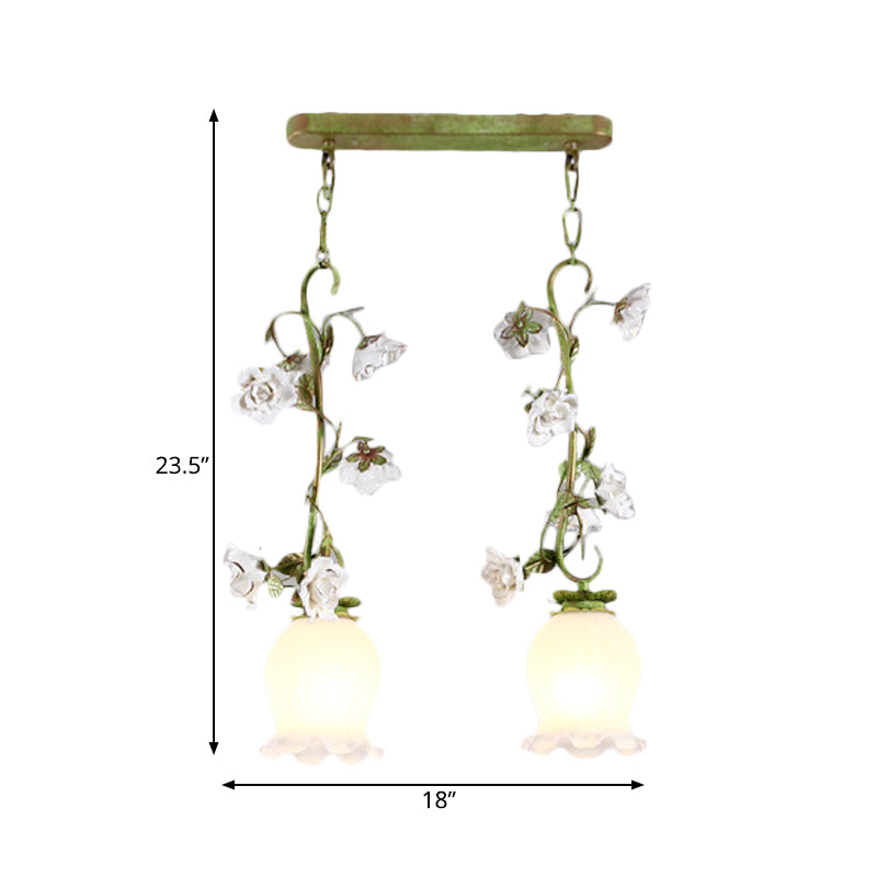 Pastoral Style Green Hanging Lamp With Multi Light Pendant For Dining Room - White Glass Flower