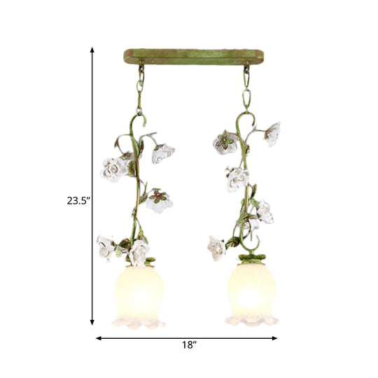 Pastoral Style Green Hanging Lamp With Multi Light Pendant For Dining Room - White Glass Flower