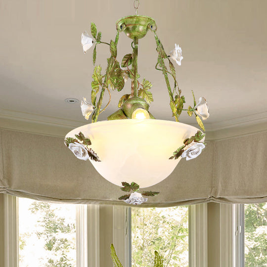 Korean Flower White Glass Chandelier - Green Bowl Pendant Lamp With 2/3 Bulbs For Dining Room 3 /