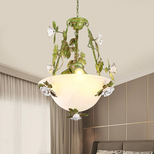 Korean Flower White Glass Chandelier - Green Bowl Pendant Lamp With 2/3 Bulbs For Dining Room