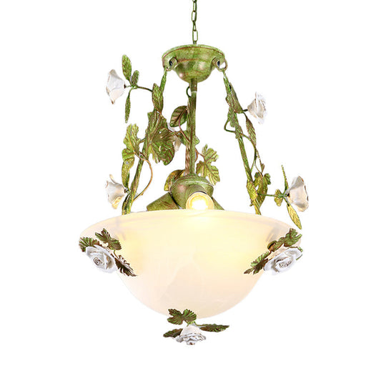 Korean Flower White Glass Chandelier - Green Bowl Pendant Lamp With 2/3 Bulbs For Dining Room