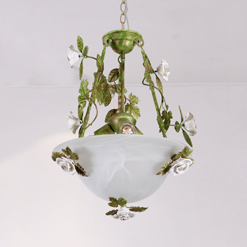 Korean Flower White Glass Chandelier - Green Bowl Pendant Lamp With 2/3 Bulbs For Dining Room