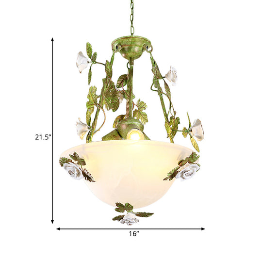 Korean Flower White Glass Chandelier - Green Bowl Pendant Lamp With 2/3 Bulbs For Dining Room