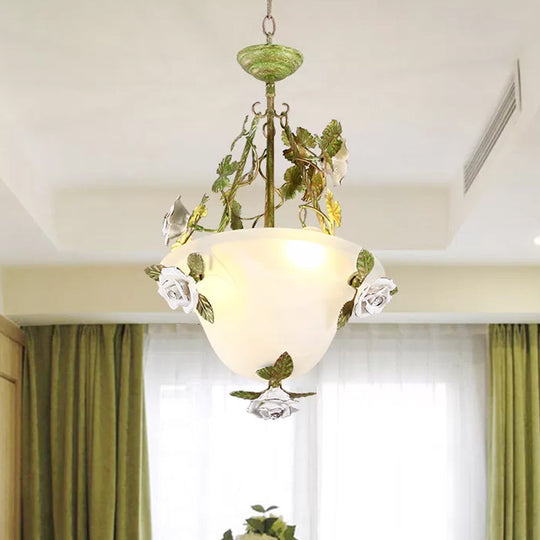 Korean Flower White Glass Chandelier - Green Bowl Pendant Lamp With 2/3 Bulbs For Dining Room 2 /