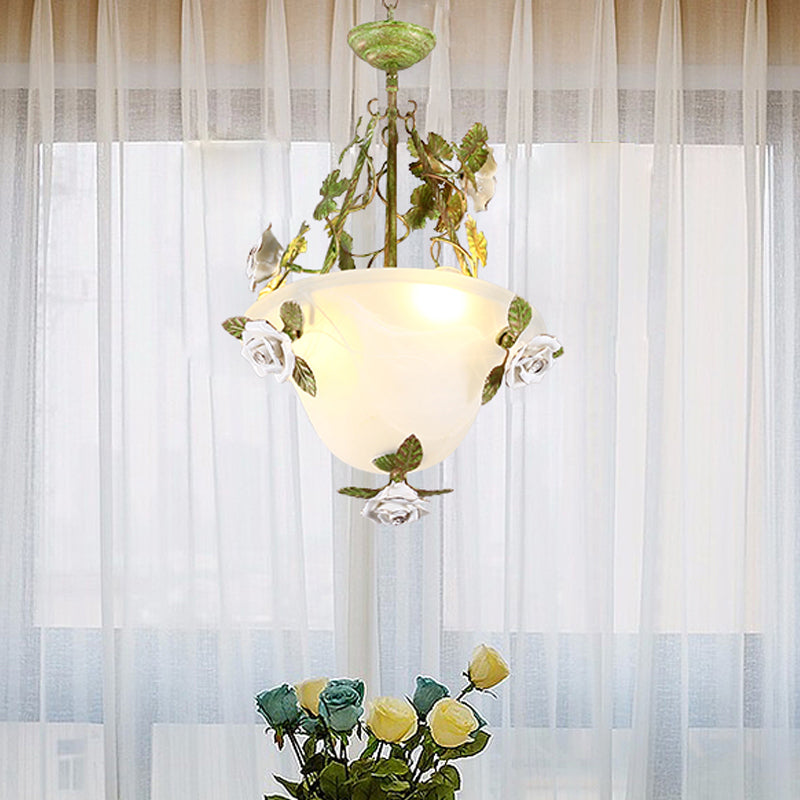 Korean Flower White Glass Chandelier - Green Bowl Pendant Lamp With 2/3 Bulbs For Dining Room