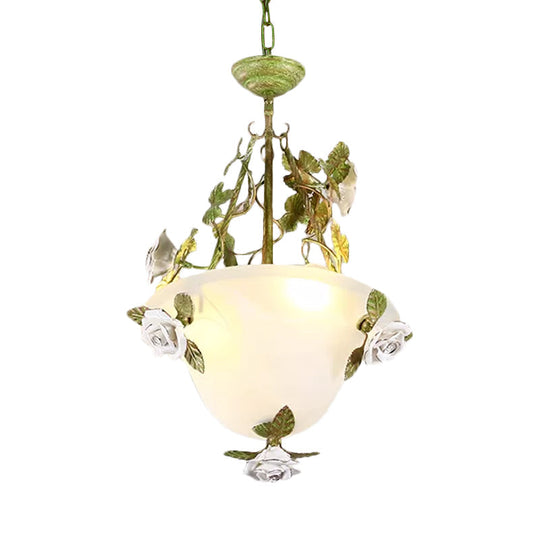 Korean Flower White Glass Chandelier - Green Bowl Pendant Lamp With 2/3 Bulbs For Dining Room