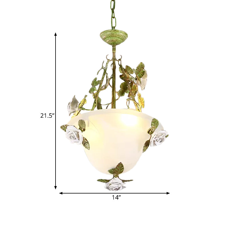 Korean Flower White Glass Chandelier - Green Bowl Pendant Lamp With 2/3 Bulbs For Dining Room