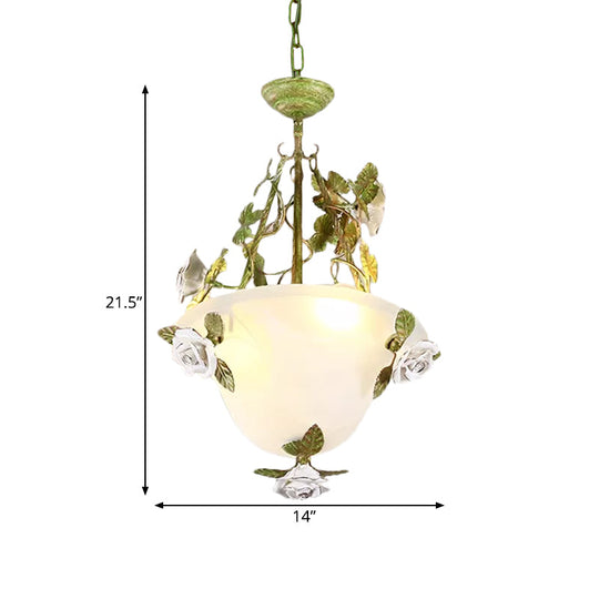 Korean Flower White Glass Chandelier - Green Bowl Pendant Lamp With 2/3 Bulbs For Dining Room